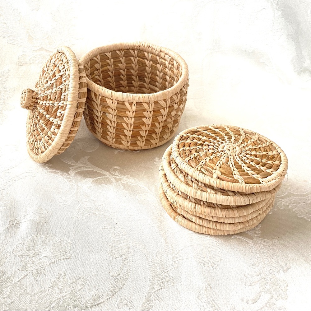 Natural Woven Coaster Set with Lidded Basket & Studio Pottery Candle Holder - Picture 5 of 16